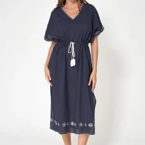 Vestido caftán azul marino de algodón voile