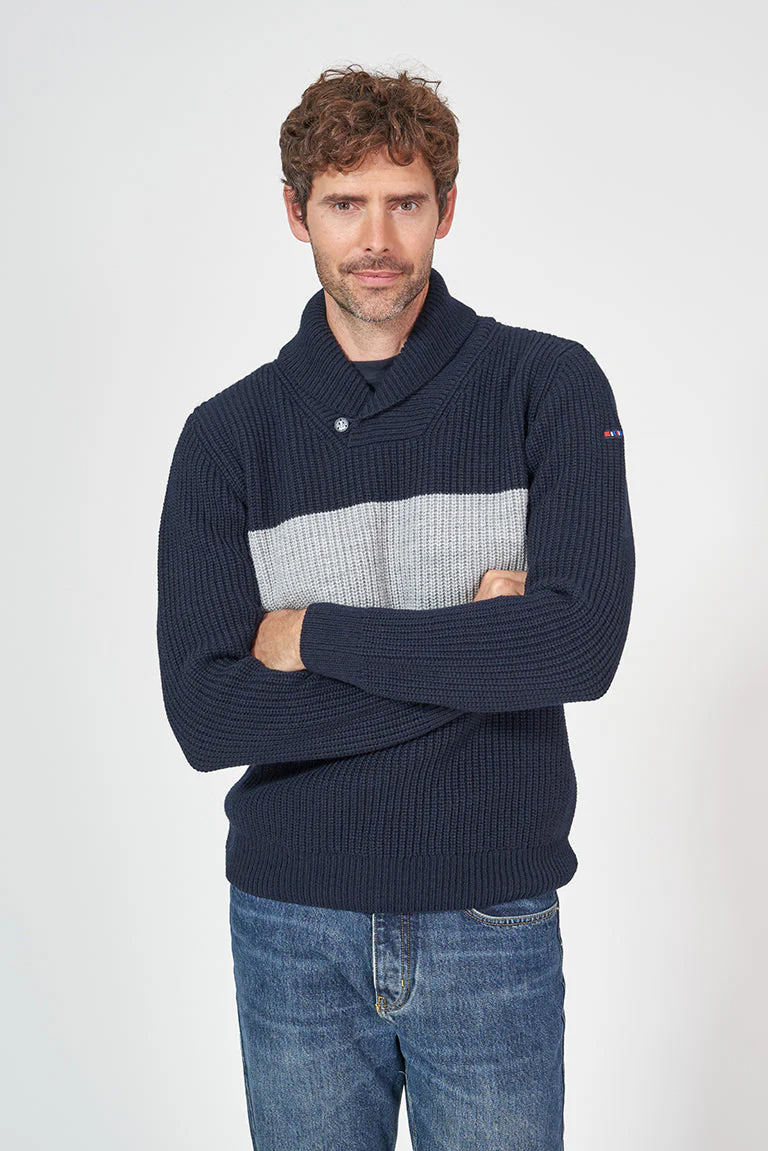 Jersey de lana cuello chal con botón ancla – Image 3