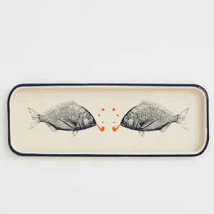 Bandeja alargada en metal esmaltado con peces