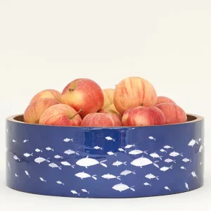 Bol o fuente de madera esmaltada grande con peces