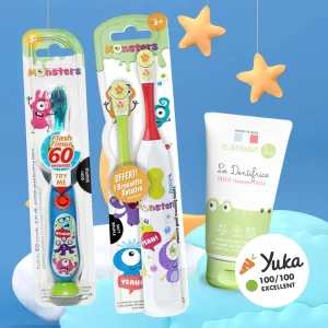 Pack Brosse à dents Electrique Rotative Rouge + Brosse à dents lumineuse Bleue + Dentifrice 0-5 ans sans nanoparticule