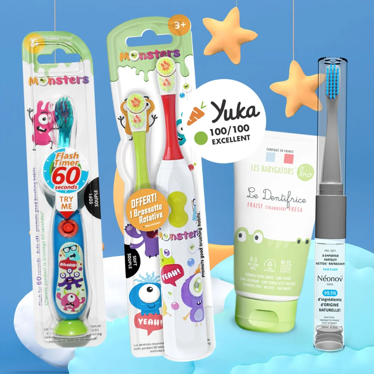 Pack 3 brosses à dents et dentifrice : électrique rotative enfant 3+ ans, lumineuse LED, 2en1 adulte Néonov + dentifrice 0-5 ans sans nanoparticules