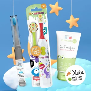 Pack Brosse à dents rotative Rouge Martien, 3+ avec 2 brossettes + Dentifrice 0-5 ans sans nanoparticule + 2en1 Adulte Néonov