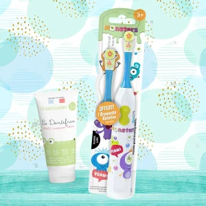 Pack Brosse à dents électrique rotative 3 ans et plus avec 2 brossettes Bleu cosmos + Dentifrice bébé 0-5 ans sans nanoparticule
