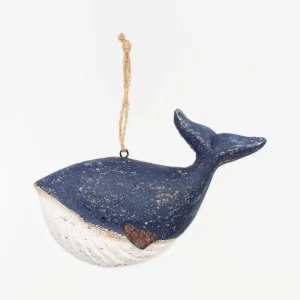 Colgante ballena de madera envejecida, azul