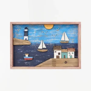 Cuadro de paisaje costero en madera envejecida