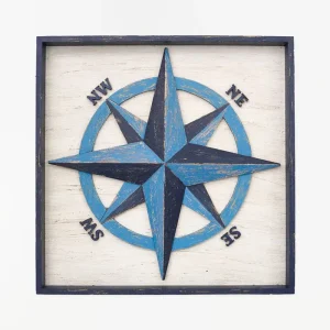 Cuadro de rosa de los vientos de madera envejecida