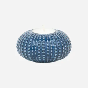 Portavelas erizo de mar en cerámica azul