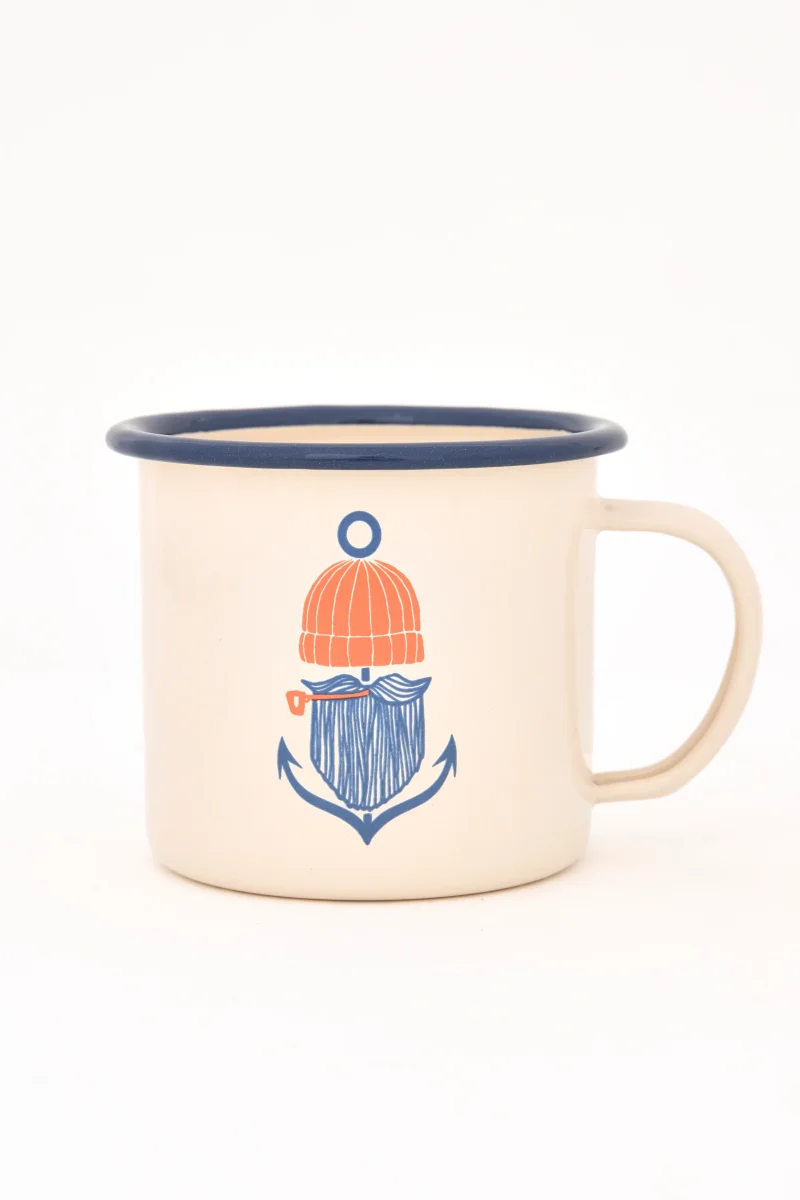 Taza esmaltada marinera con pescador