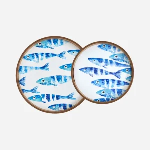 Set de 2 bandejas redondas de madera esmaltada con banco de peces