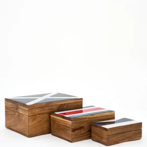 Set de 3 cajas de madera con tapa esmaltada y bandera náutica