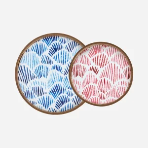 Set de 2 bandejas redondas de madera esmaltada con conchas