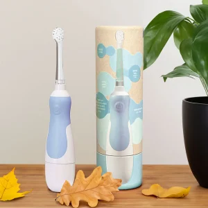 Brosse à dents sonique pour Bébé (de 0 à 5 ans) et son étui de voyage en kraft. Bleue