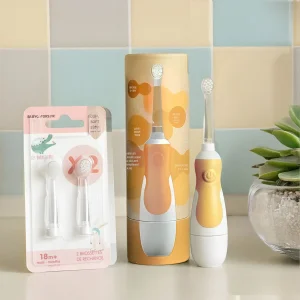 Pack Éco Bébé Les Babygators Mandarine : Brosse à dents sonique + étui kraft + brossettes de rechange