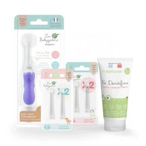 Pack Brosse à dents sonique à pile pour Bébé Lilas + 1 Pack de 2 brossettes 0-18mois + 1 Pack de 2 brossettes plus de 18mois + Dentifrice bébé 0-5 ans sans nanoparticule