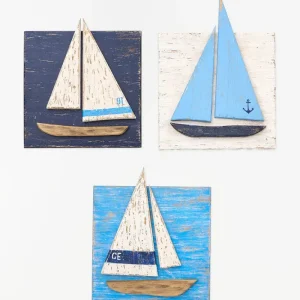 Set de 3 cuadros de veleros en madera envejecida
