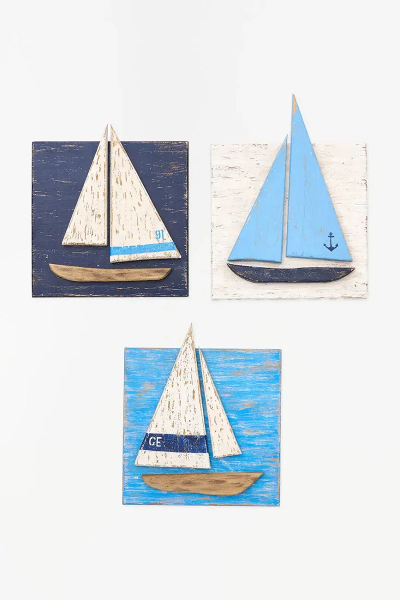 Set de 3 cuadros de veleros en madera envejecida