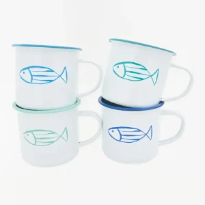 Set de 4 mugs o tazas esmaltadas con pez