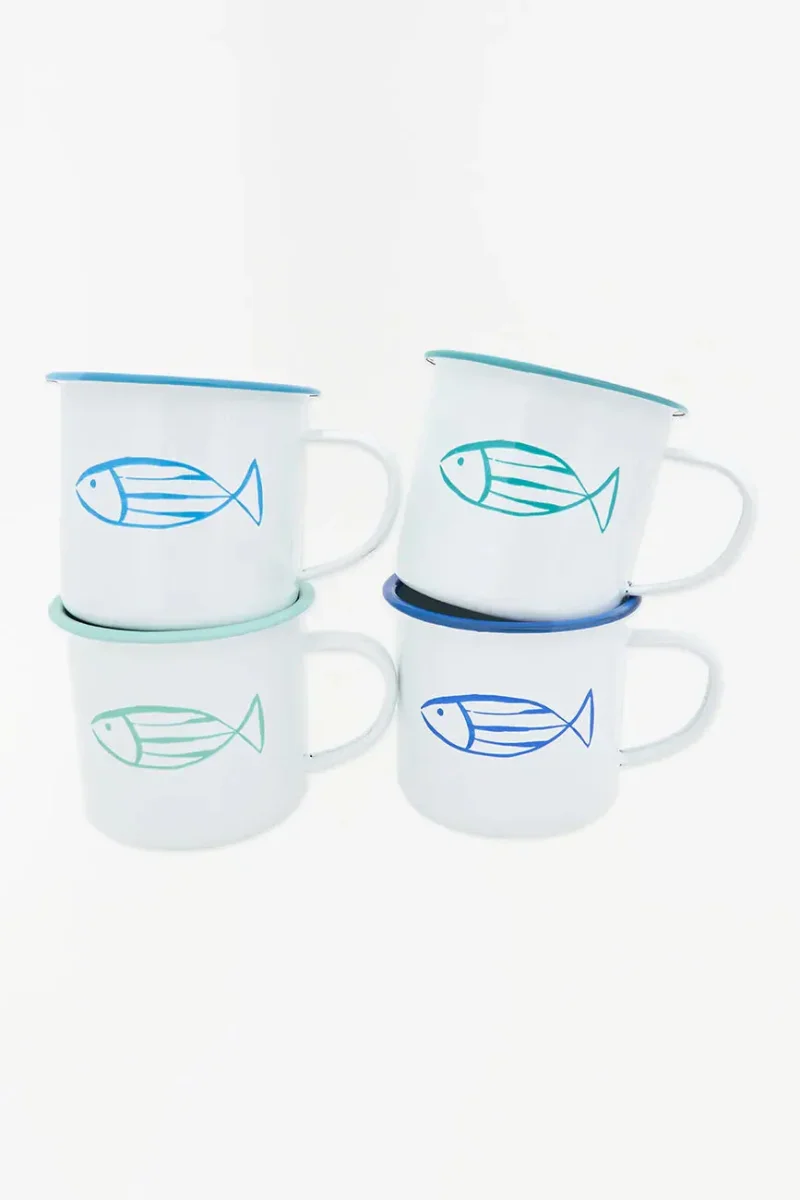 Set de 4 mugs o tazas esmaltadas con pez