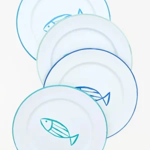 Set de 4 platos grandes esmaltados con pez