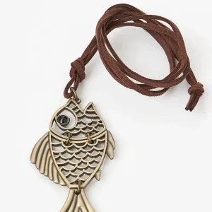 Colgante o collar en cuero y colgante pez en aleación