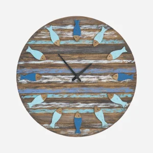 Reloj de pared marinero de madera con peces